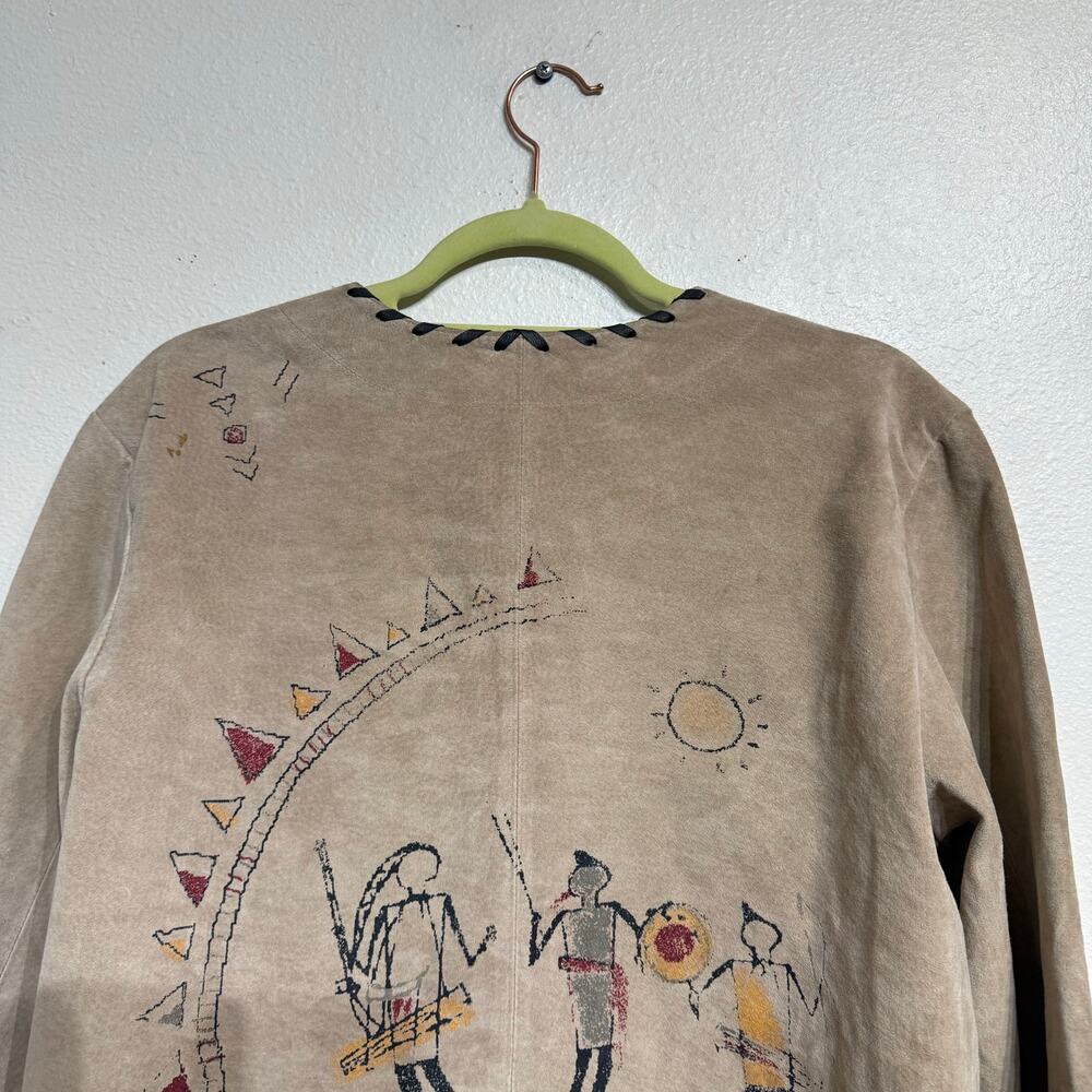Chico's Tan Genuine Suede Leather Vintage Native Tribal Jacket Sz 2 - Picture 9 of 15